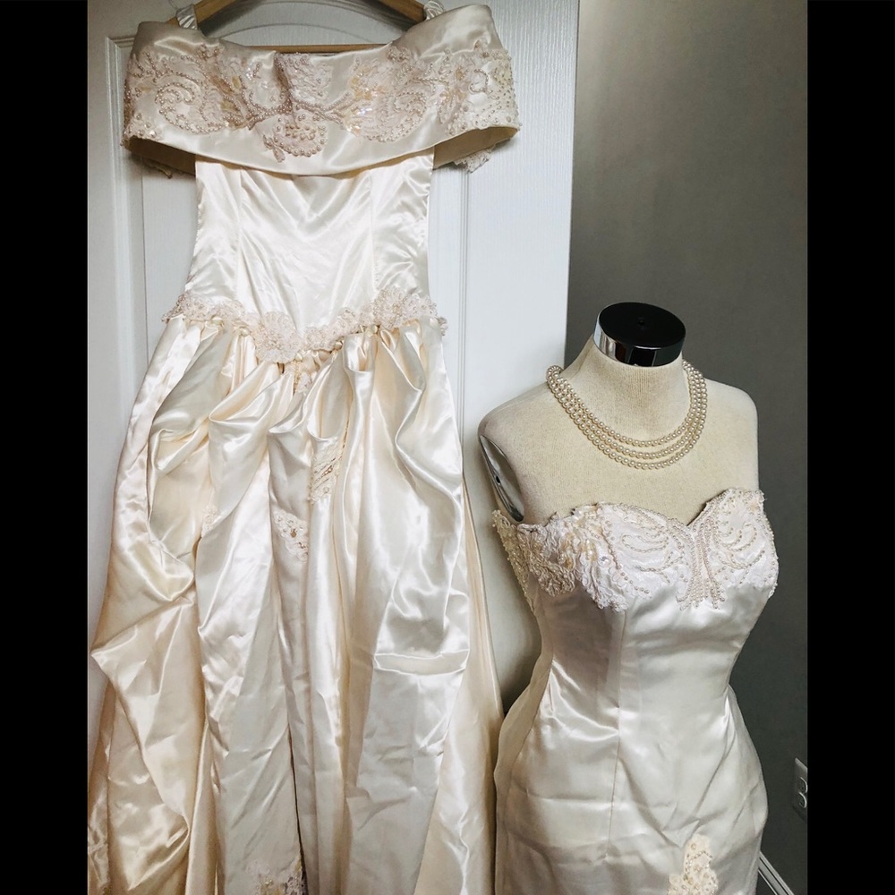 STUNNING EMBELLISHED CUSTOM VINTAGE WEDDING DRESS SET/POUCH/SIZE XS - Picture 10 of 16